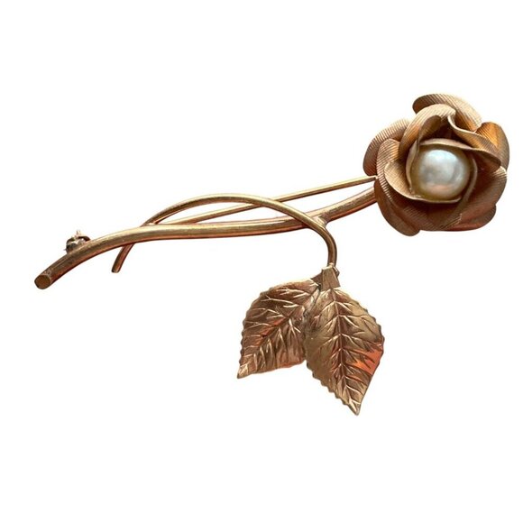Winard Jewelry - Vintage Winard 12K Gold Filled Rose Brooch Pin with Faux Pearl